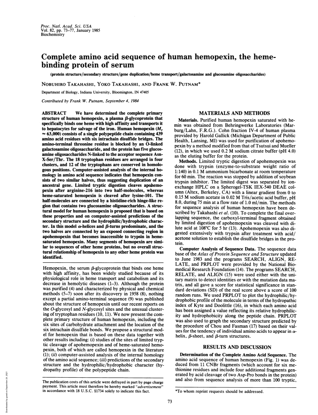 Complete Amino Acid Sequence of Human Hemopexin, the Heme