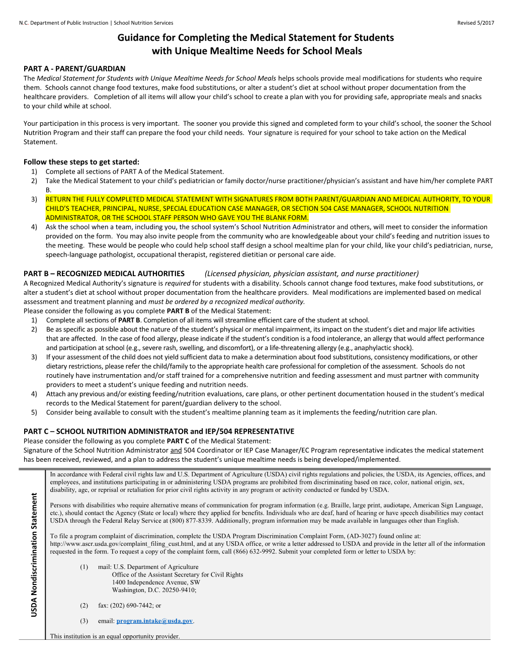 Medical Statement for Students with Special Nutritional Needs