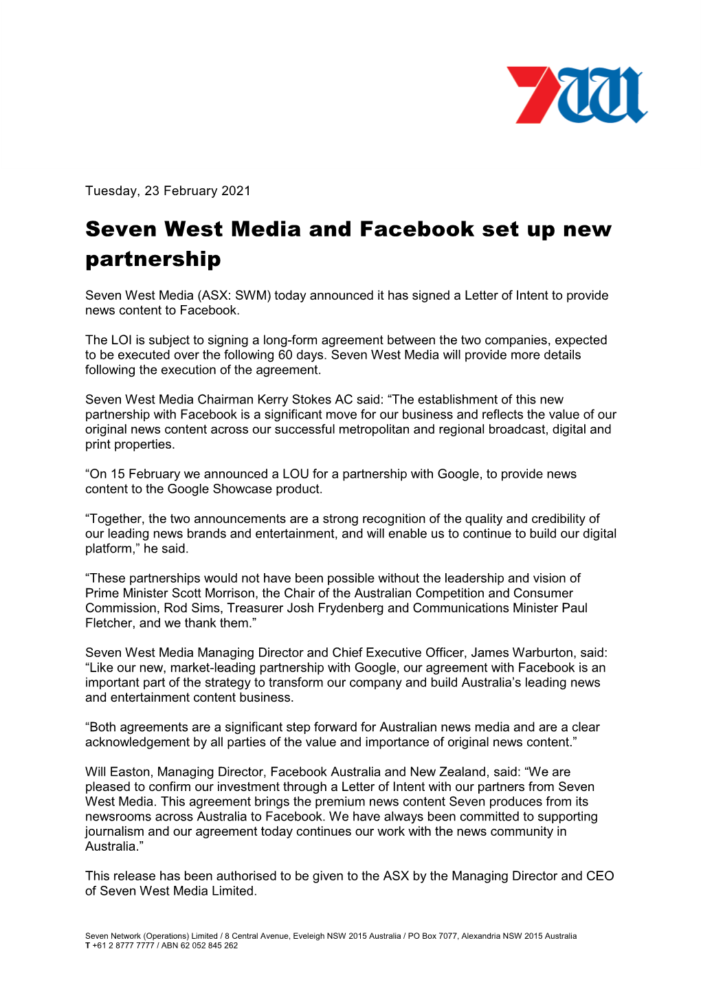 Seven West Media and Facebook Set up New Partnership