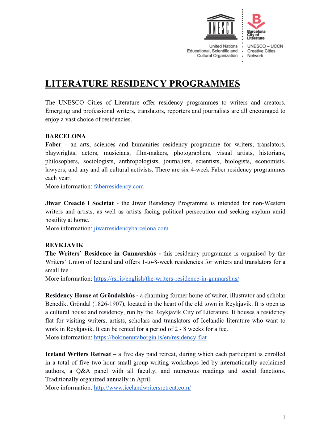 Literature Residency Programmes