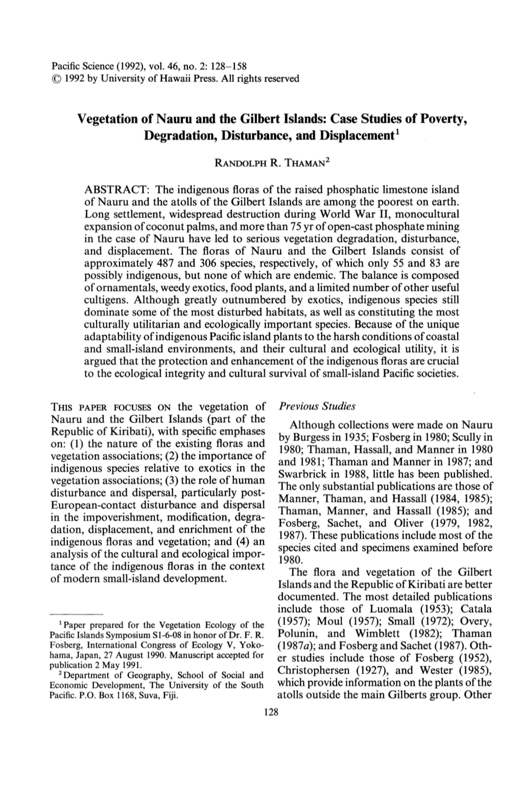 Vegetation of Nauru and the Gilbert Islands: Case Studies of Poverty, Degradation, Disturbance, and Displacement!