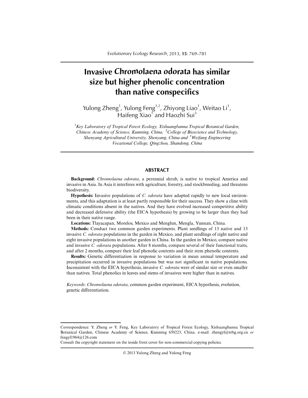 Invasive Chromolaena Odorata Has Similar Size but Higher Phenolic Concentration Than Native Conspecifics