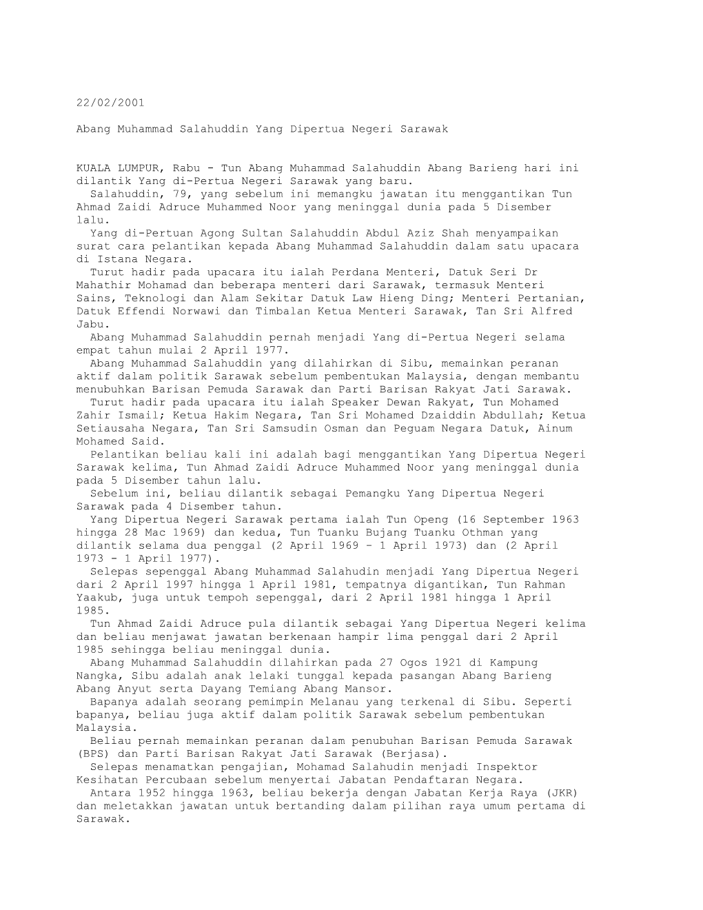 Abang Muhammad Salahuddin Yang Dipertua Negeri Sarawak (BH 22