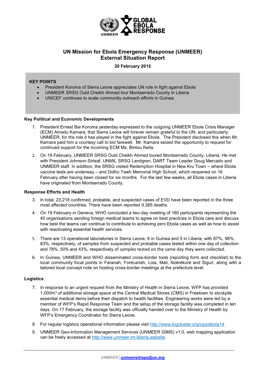 UNMEER) External Situation Report 20 February 2015