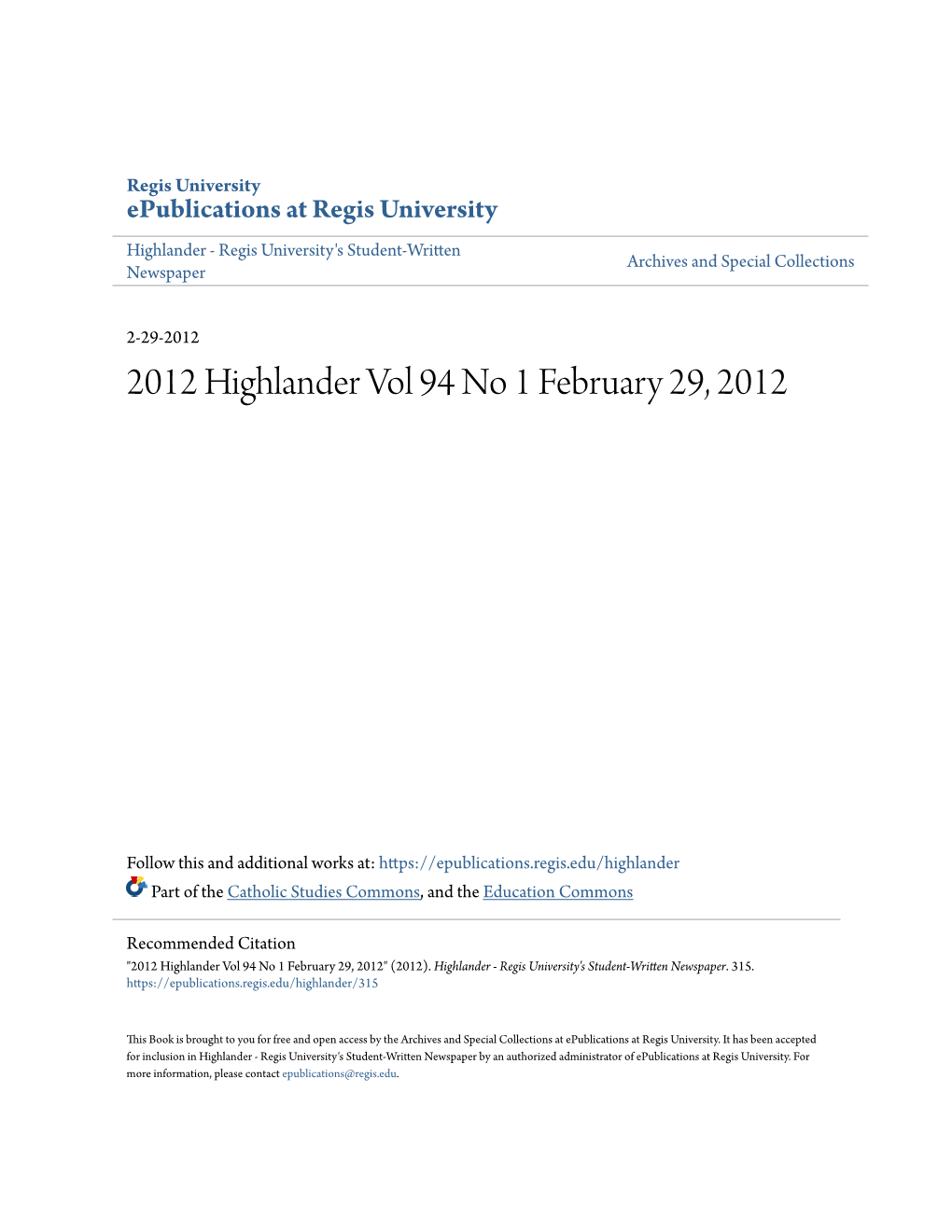 2012 Highlander Vol 94 No 1 February 29, 2012