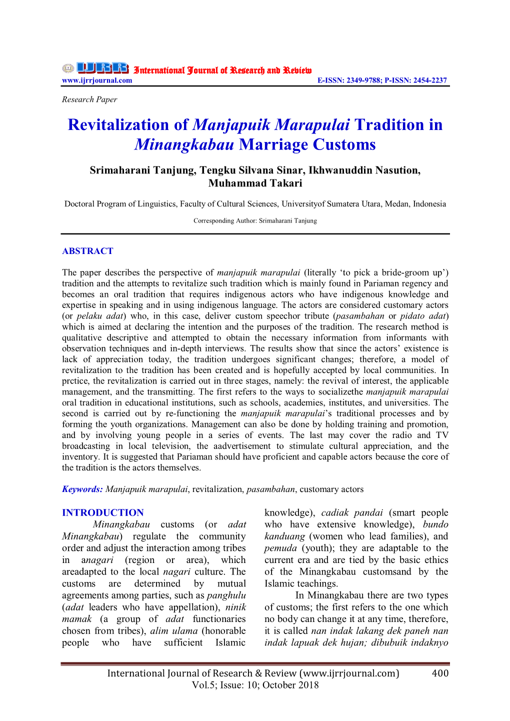 Revitalization of Manjapuik Marapulai Tradition in Minangkabau Marriage Customs