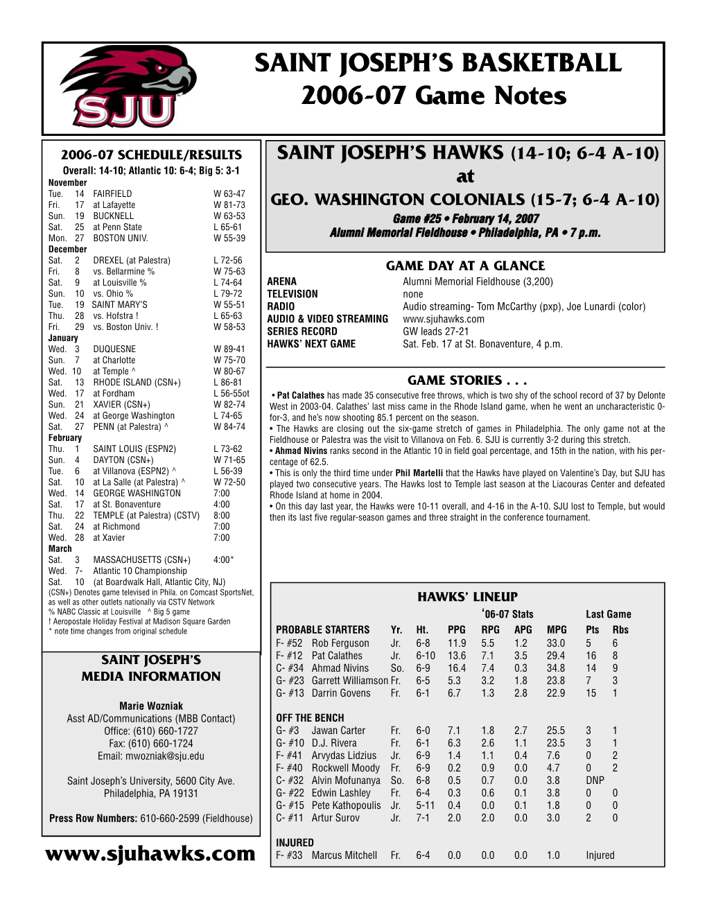 SAINT JOSEPH's BASKETBALL 2006-07 Game Notes