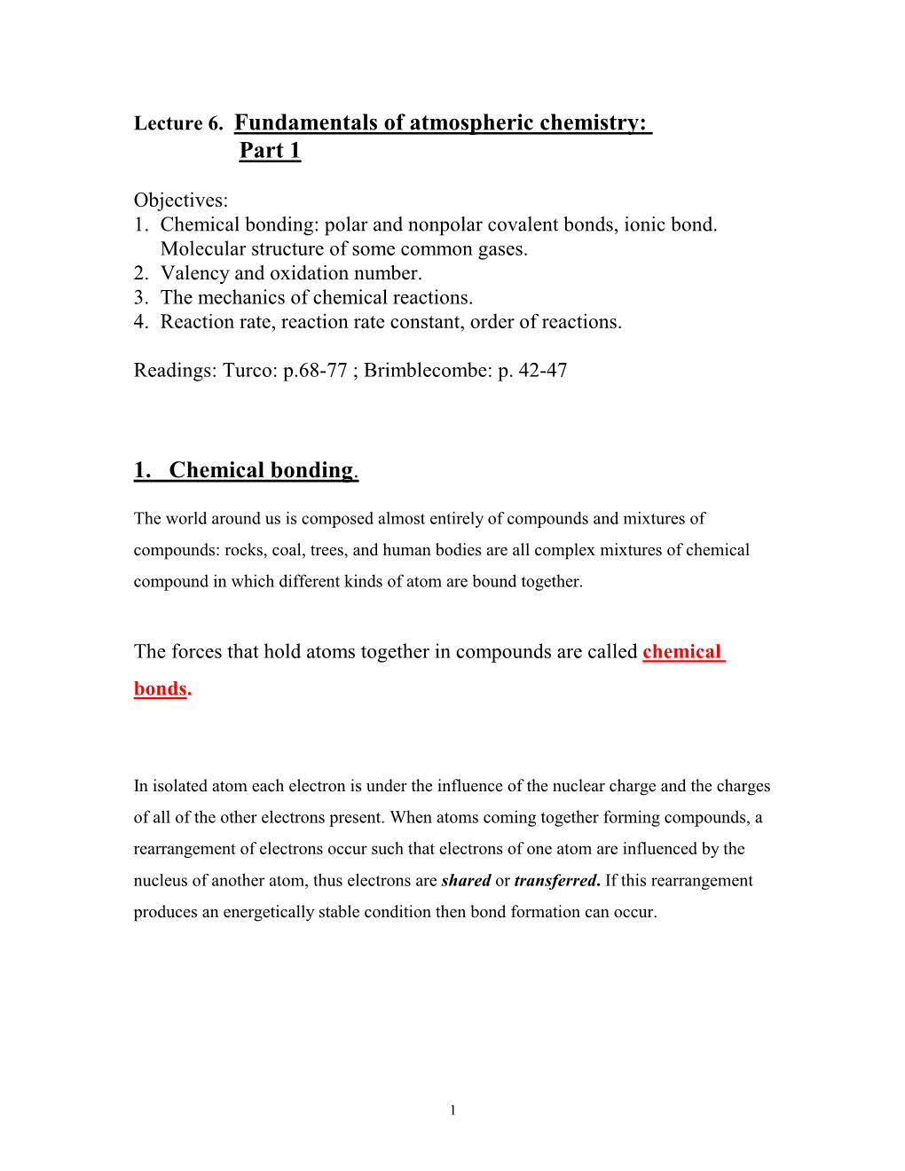 Lecture 6. Fundamentals of Atmospheric Chemistry: Part 1 1