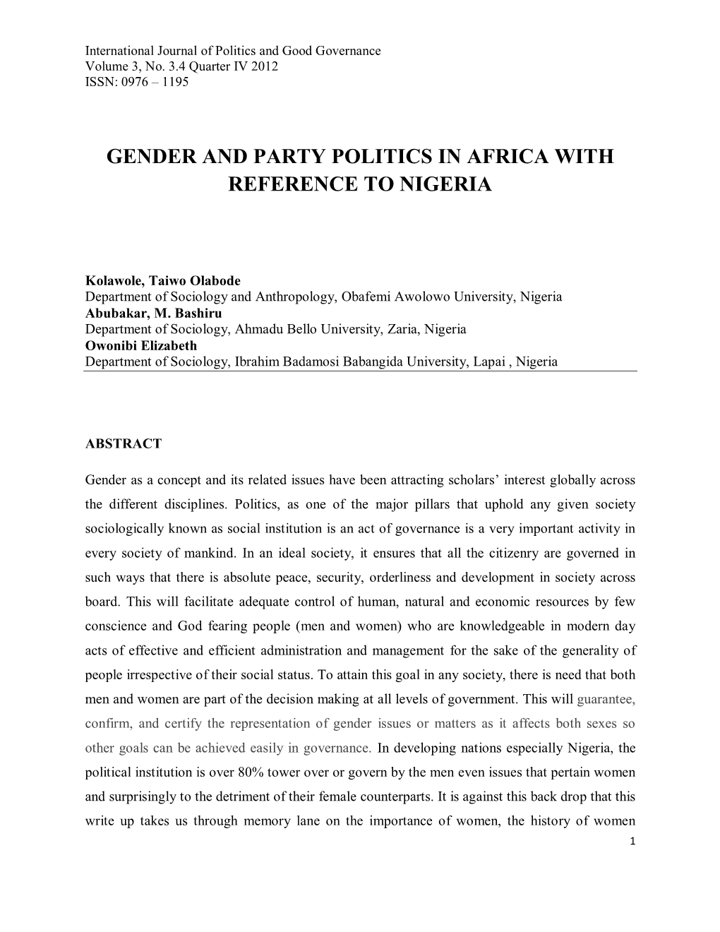 Gender and Party Politics in Africa with Reference to Nigeria