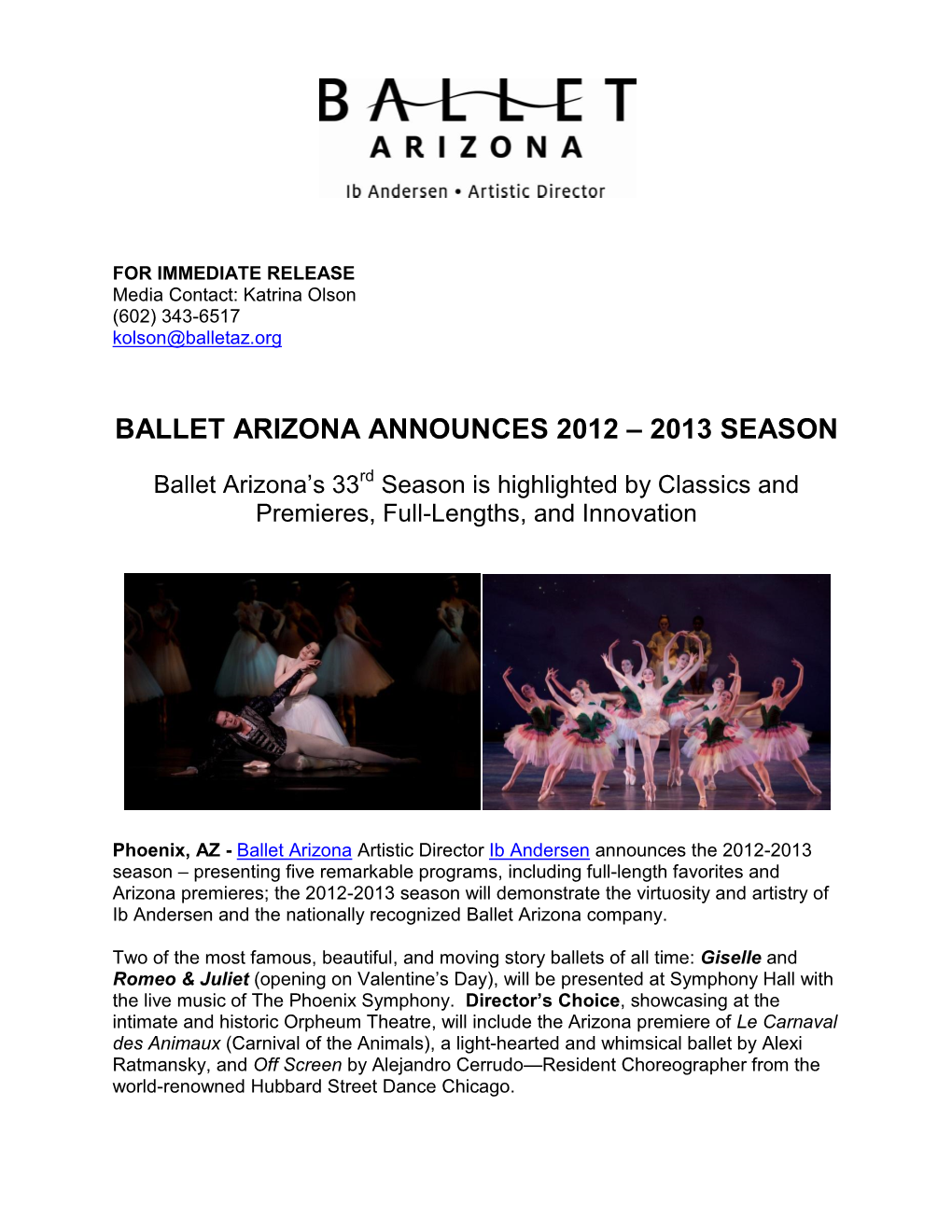 Ballet Arizona Announces 2012 – 2013 Season