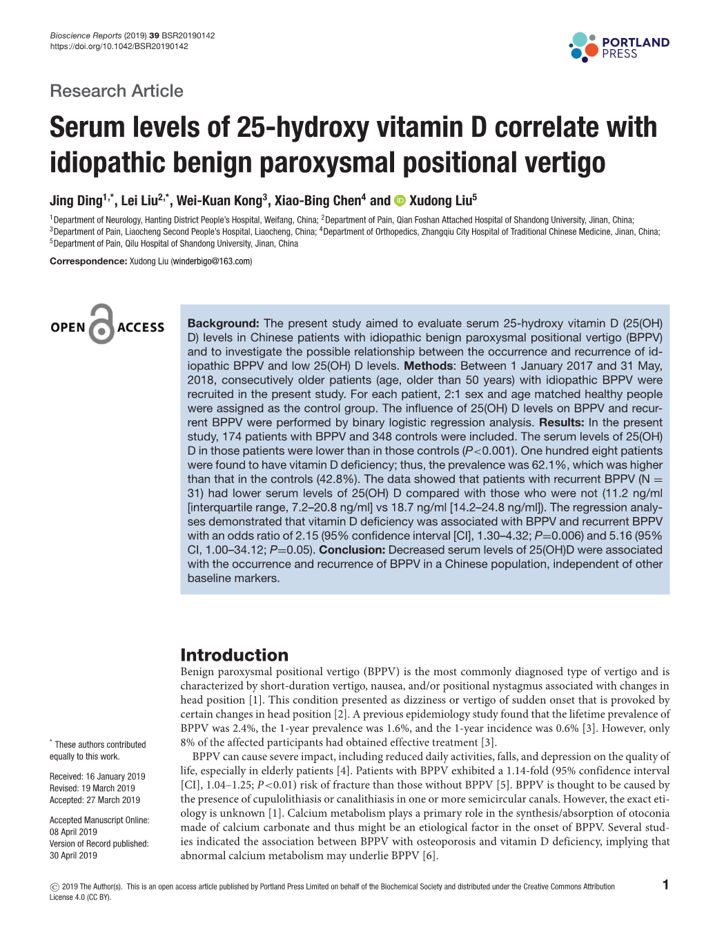 Serum Levels of 25-Hydroxy Vitamin D Correlate with Idiopathic Benign Paroxysmal Positional Vertigo