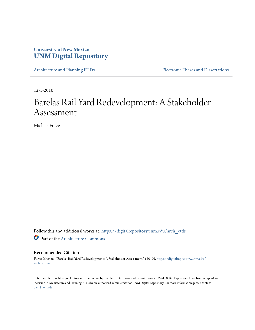 Barelas Rail Yard Redevelopment: a Stakeholder Assessment Michael Furze