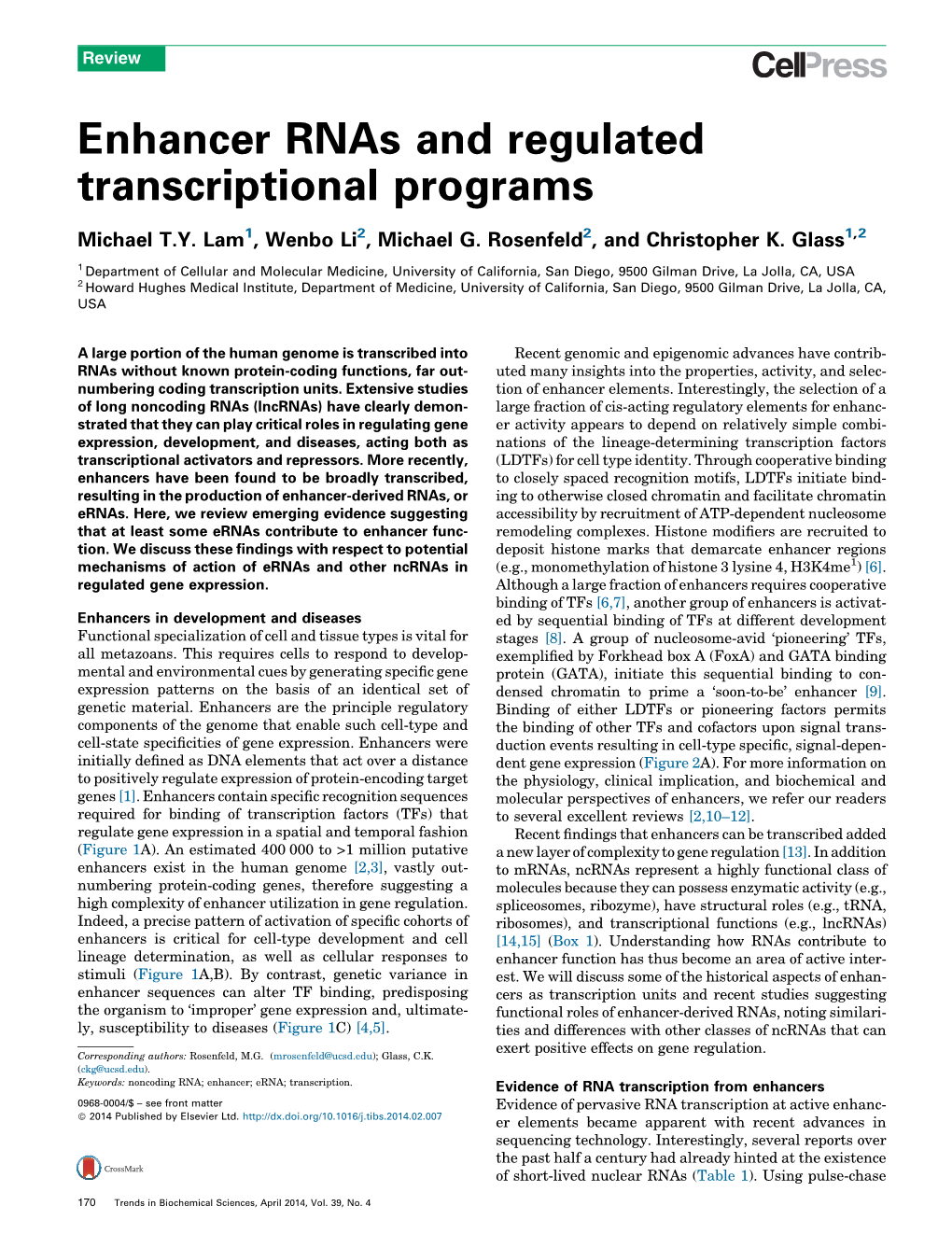 Enhancer Rnas and Regulated Transcriptional Programs