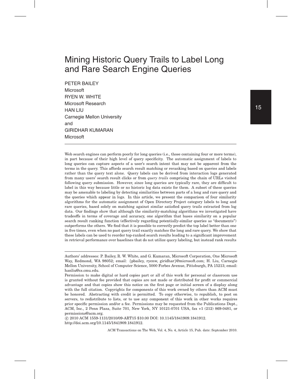 Mining Historic Query Trails to Label Long and Rare Search Engine Queries