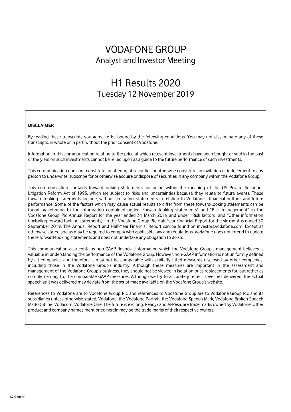 VODAFONE GROUP H1 Results 2020