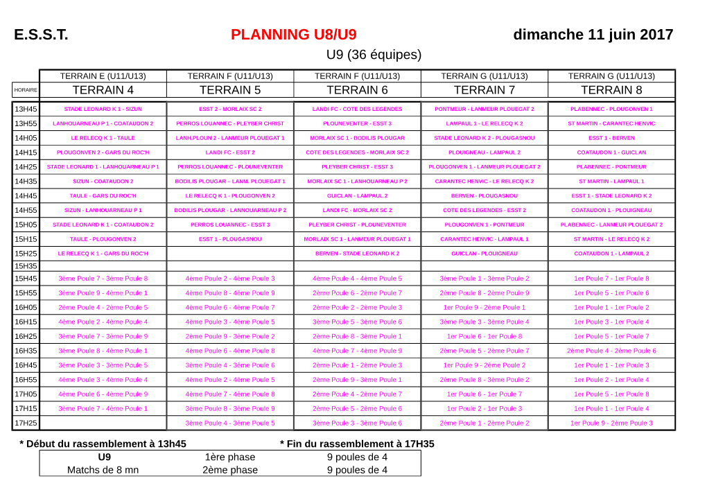 E.S.S.T. PLANNING U8/U9 Dimanche 11 Juin 2017 U9 (36 Équipes)