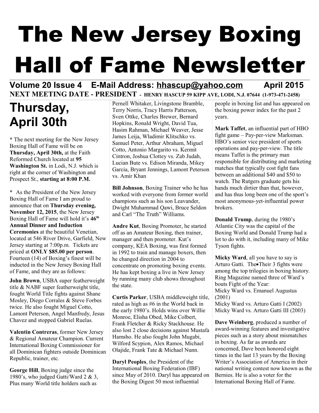 The New Jersey Boxing Hall of Fame Newsletter