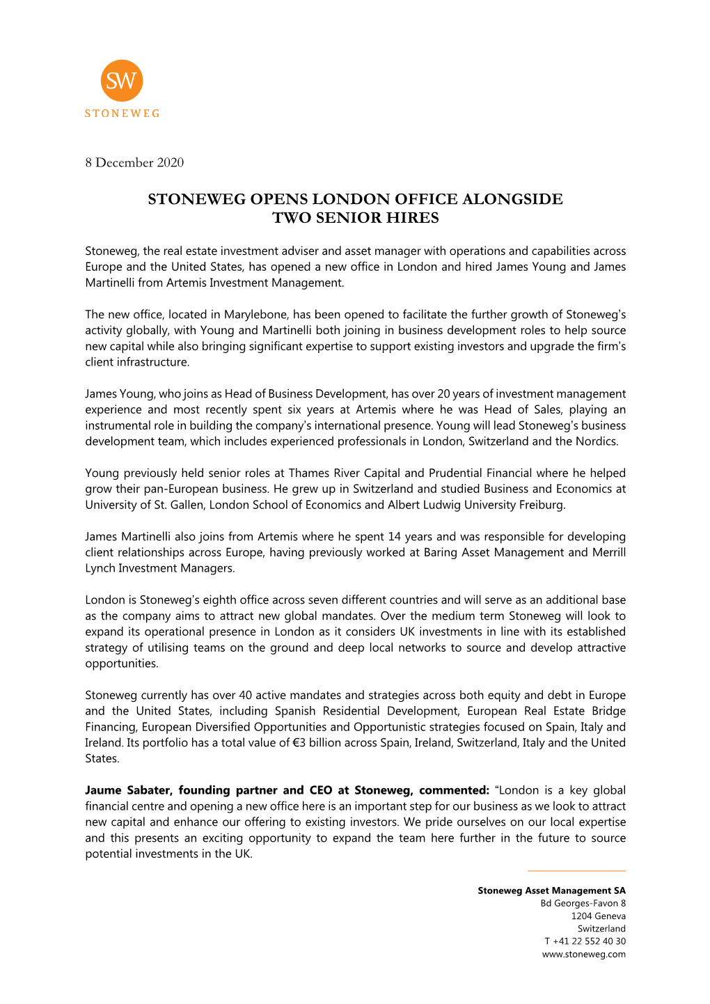 Stoneweg Opens London Office Alongside Two Senior Hires