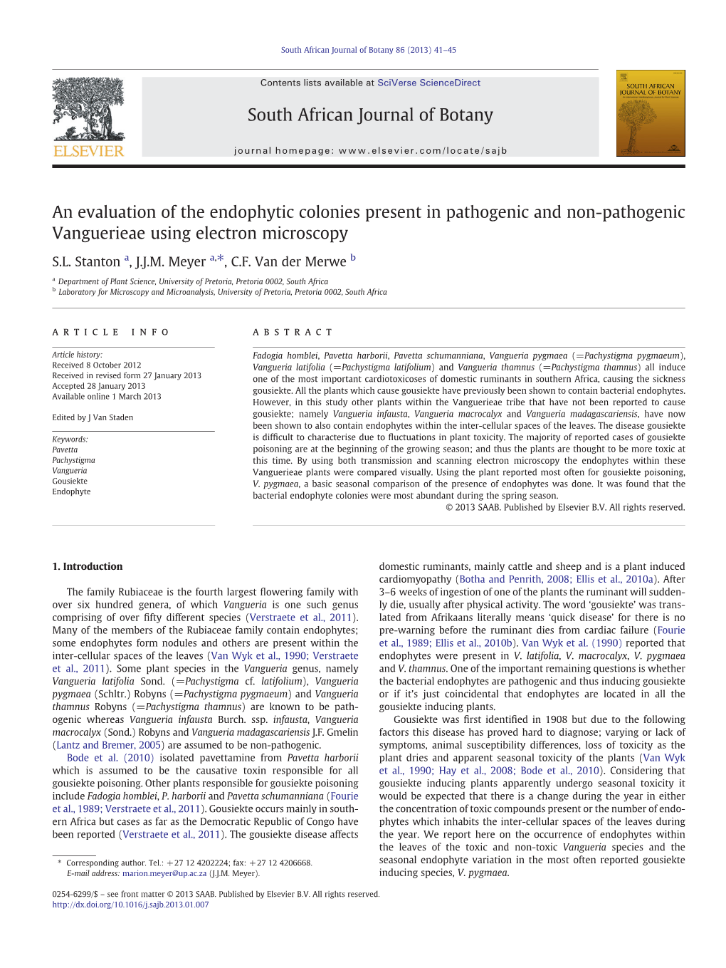 An Evaluation of the Endophytic Colonies Present in Pathogenic and Non-Pathogenic Vanguerieae Using Electron Microscopy