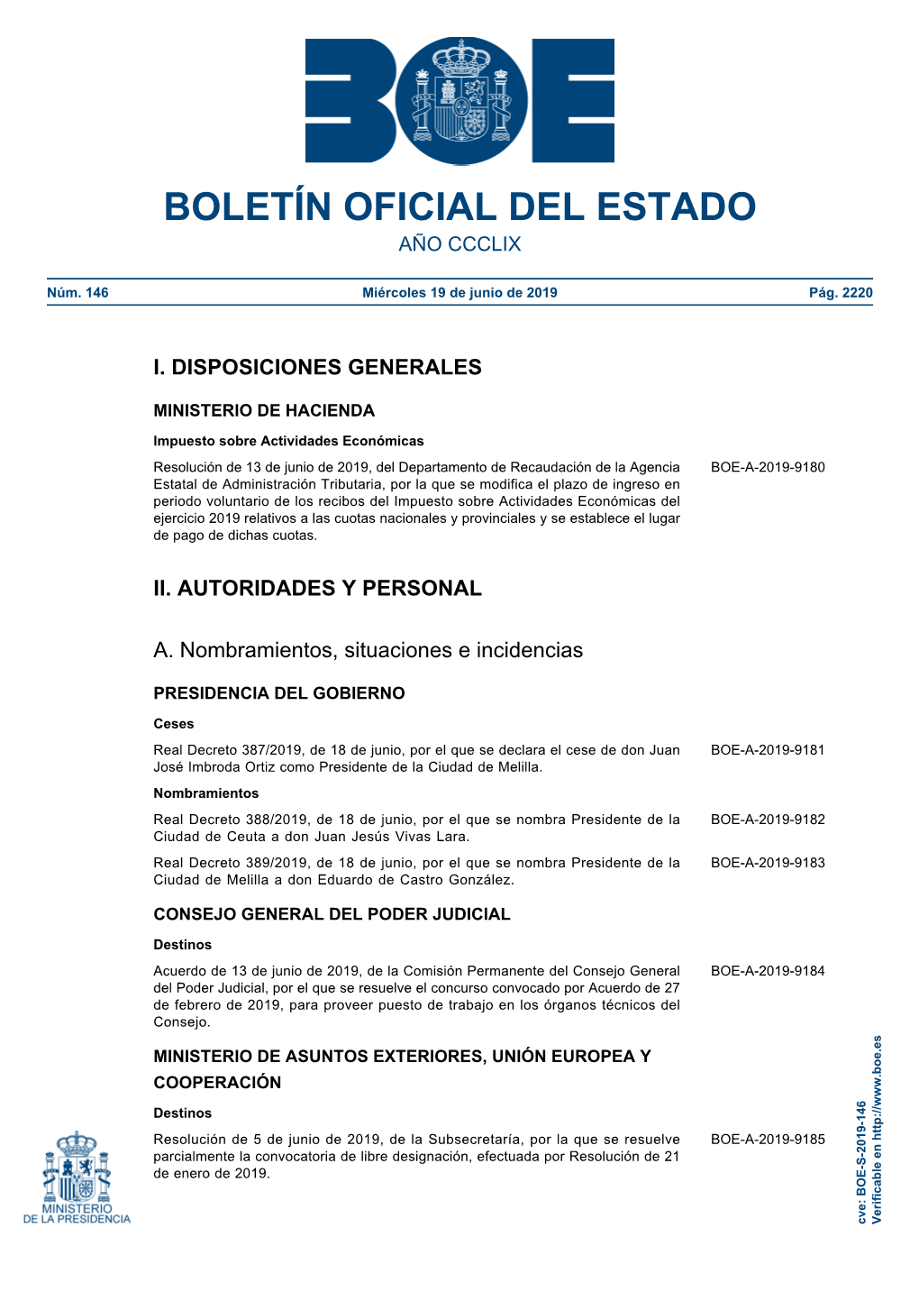 Sumario Del BOE Núm 146 De Miércoles 19 De Junio De 2019