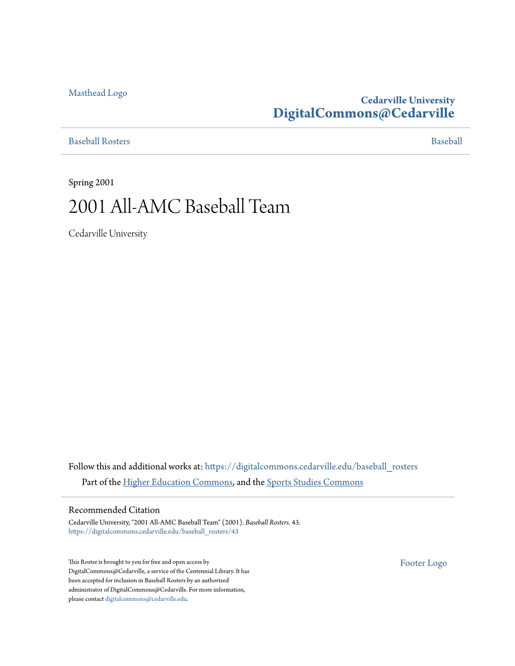 2001 All-AMC Baseball Team Cedarville University