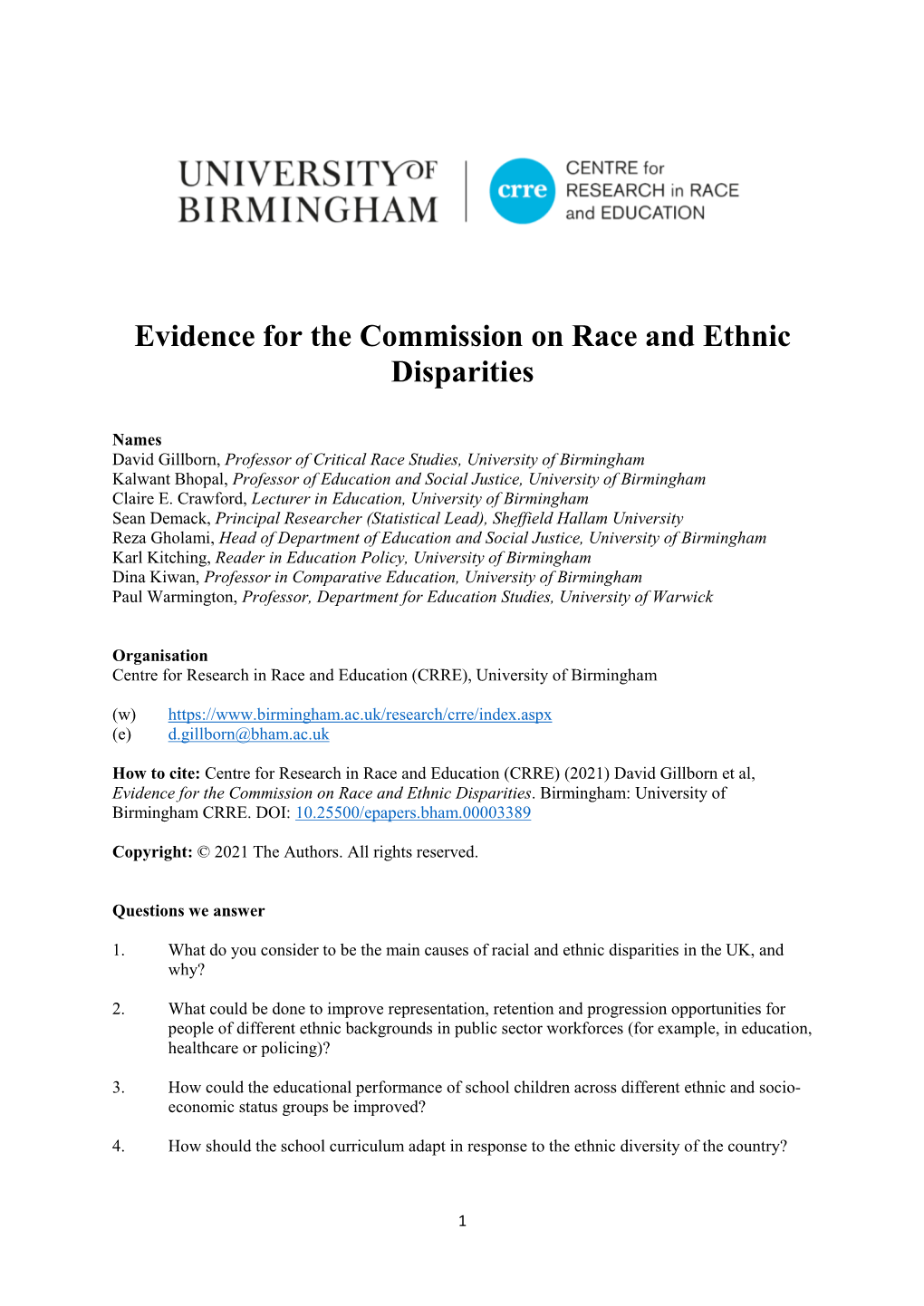 Evidence for the Commission on Race and Ethnic Disparities