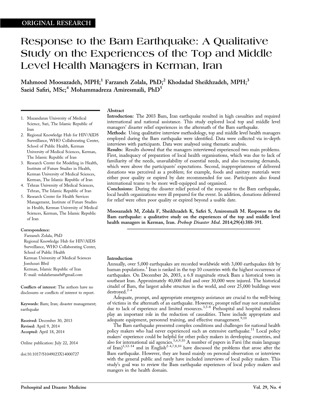 Response to the Bam Earthquake: a Qualitative Study on the Experiences of the Top and Middle Level Health Managers in Kerman, Iran