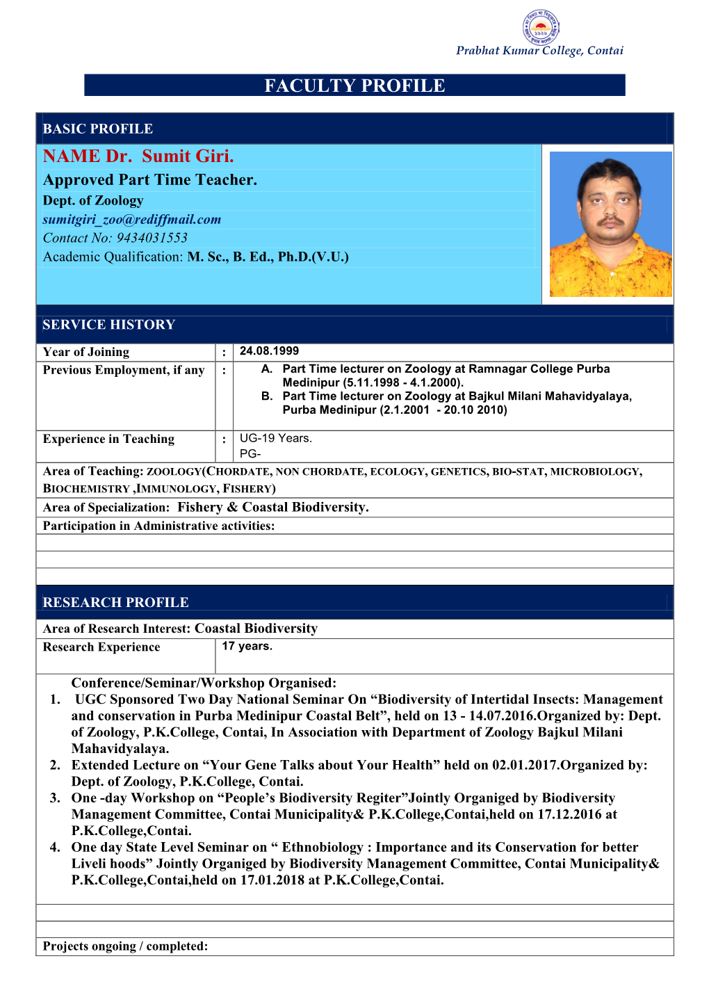 Format for CV of Teachers for Website Of