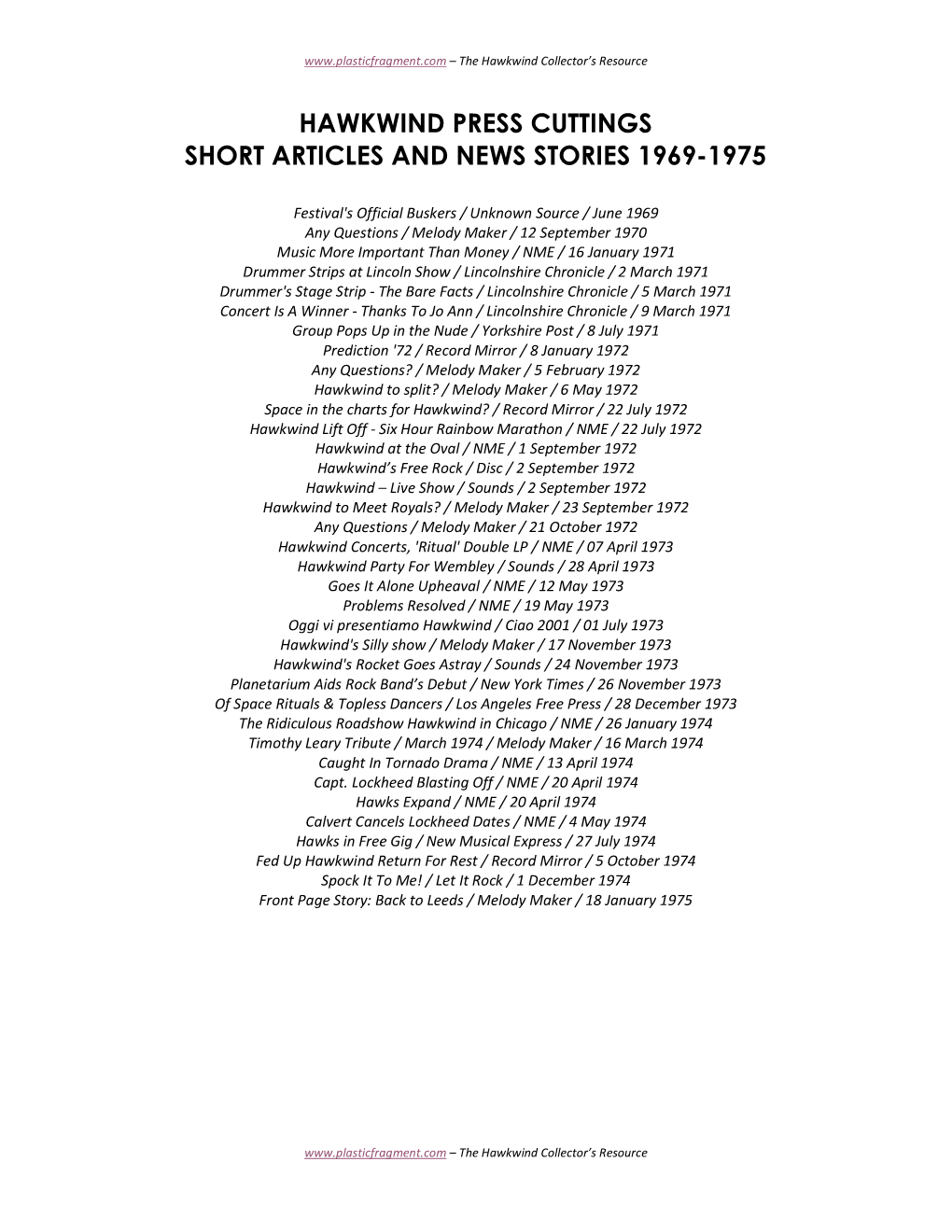 Hawkwind Press Cuttings Short Articles and News Stories 1969-1975