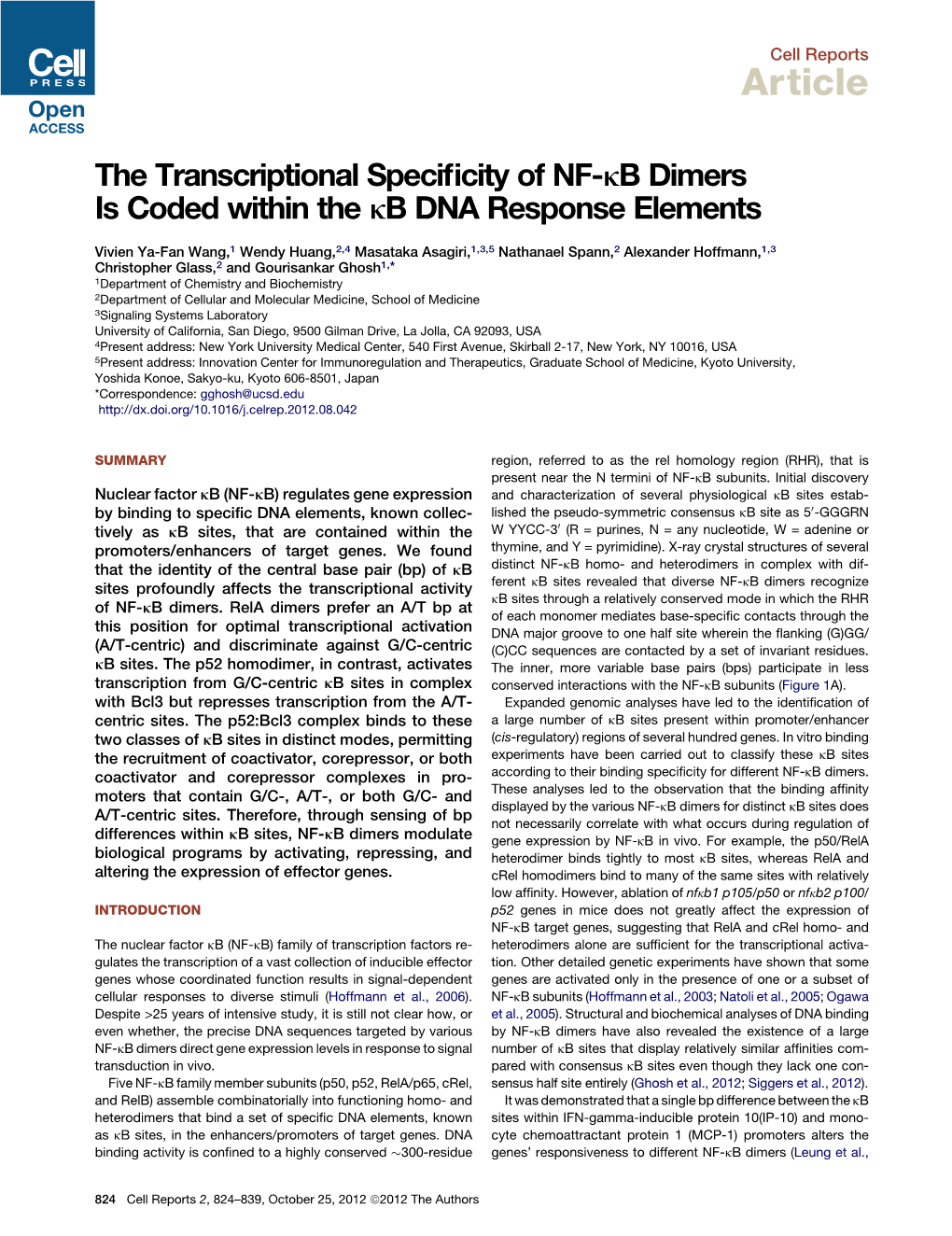 The Transcriptional Specificity of NF-Kb Dimers Is Coded Within The