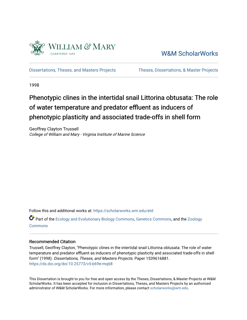 Phenotypic Clines in the Intertidal Snail Littorina Obtusata