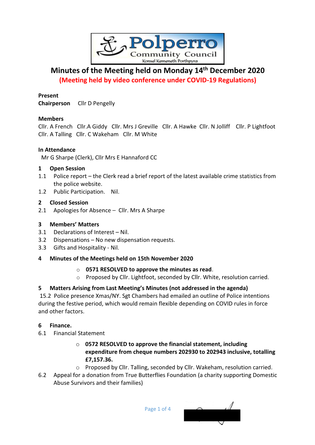 Minutes of the Meeting Held on Monday 14Th December 2020 (Meeting Held by Video Conference Under COVID-19 Regulations)