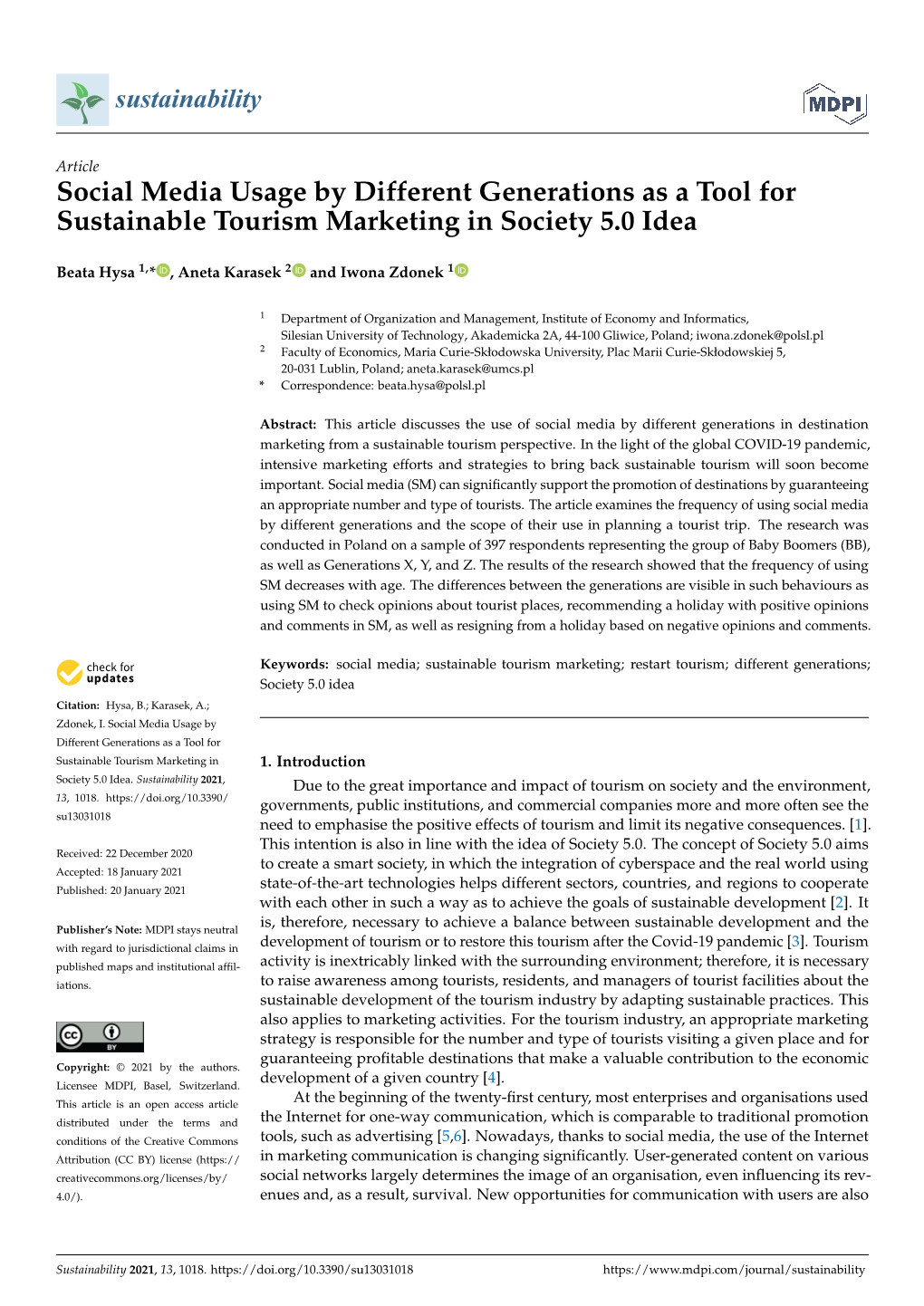 Social Media Usage by Different Generations As a Tool for Sustainable Tourism Marketing in Society 5.0 Idea