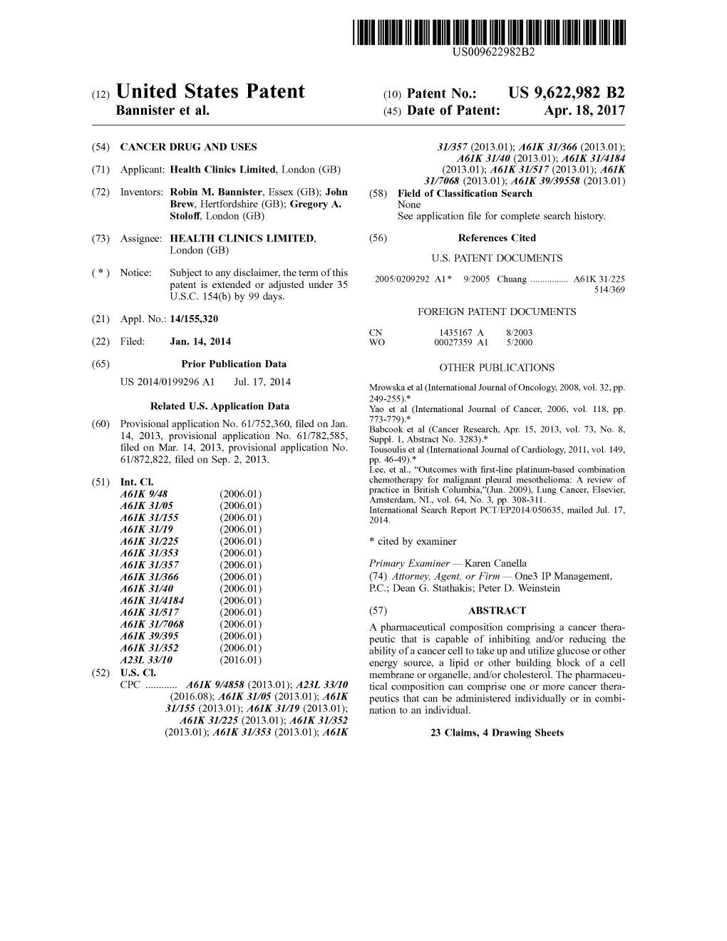 (12) United States Patent (10) Patent No.: US 9,622,982 B2 Bannister Et Al
