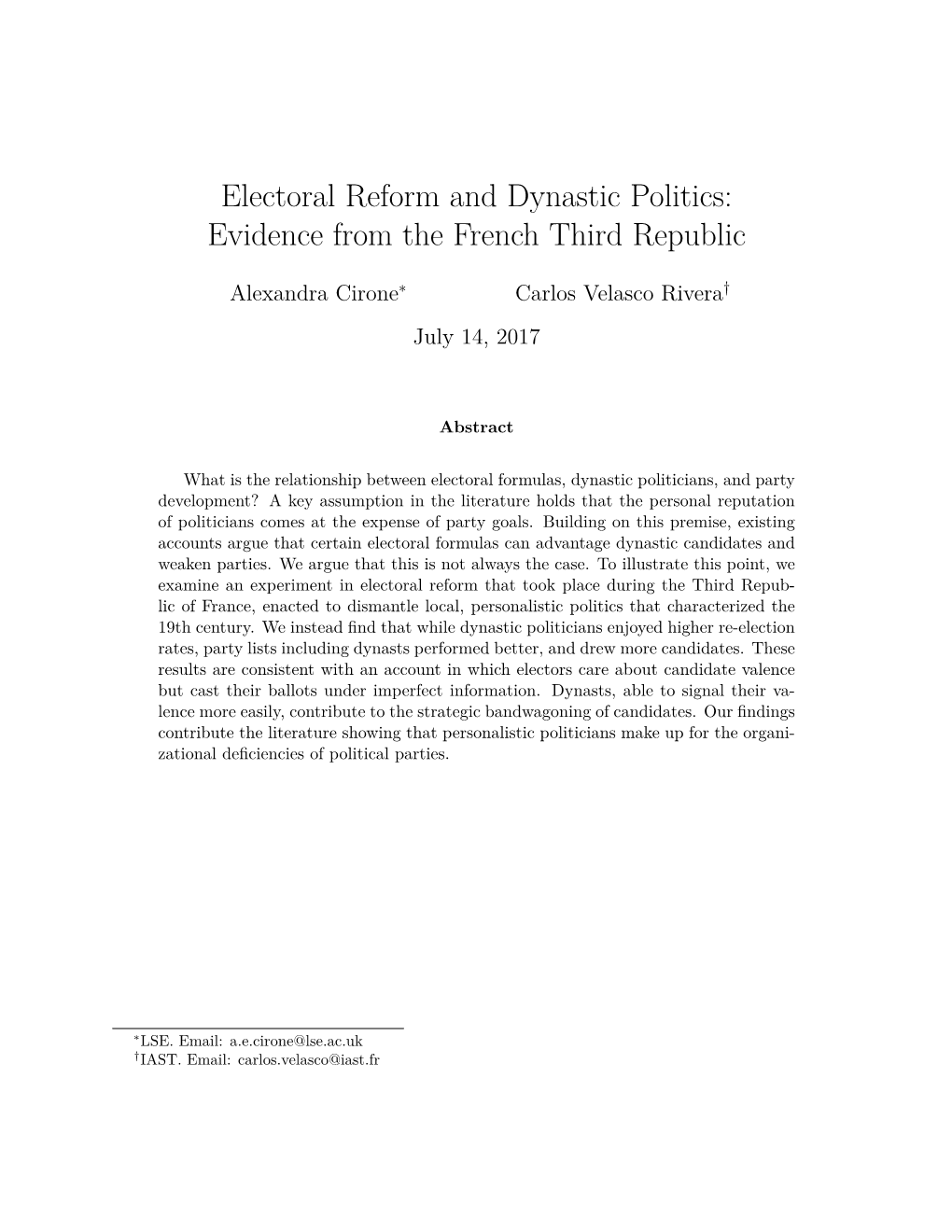 Electoral Reform and Dynastic Politics: Evidence from the French Third Republic