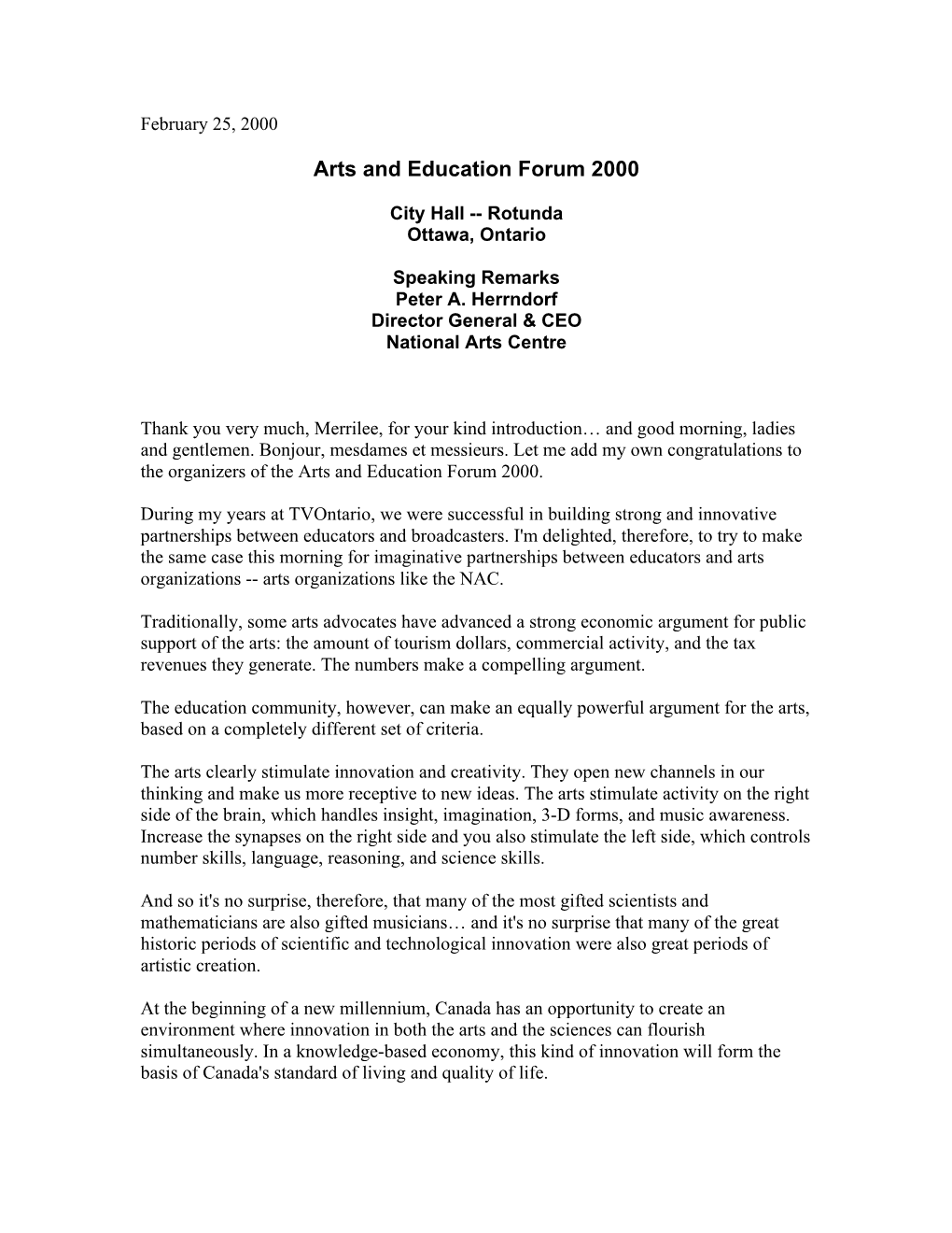 Arts and Education Forum 2000