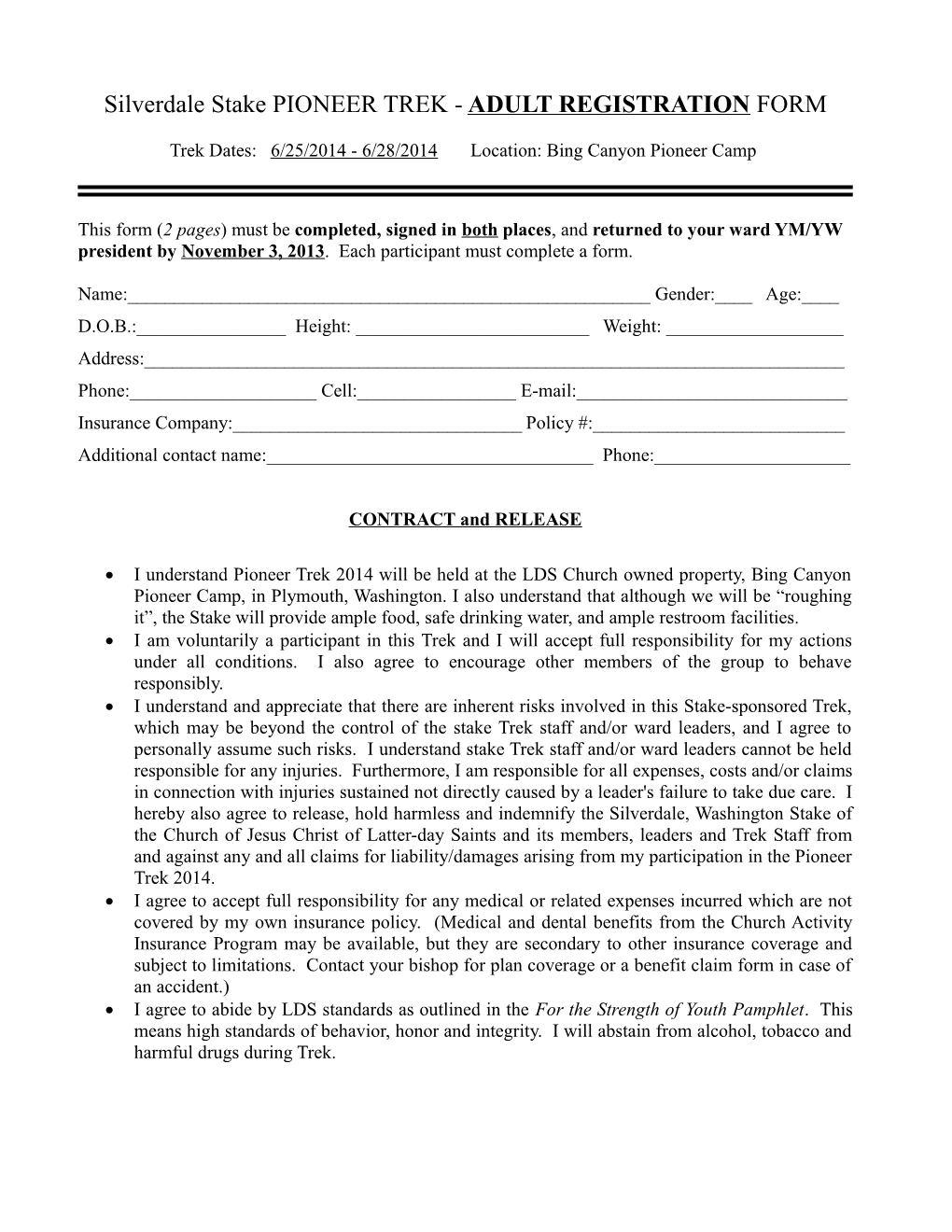 Silverdale Stake PIONEER TREK - ADULT REGISTRATION FORM