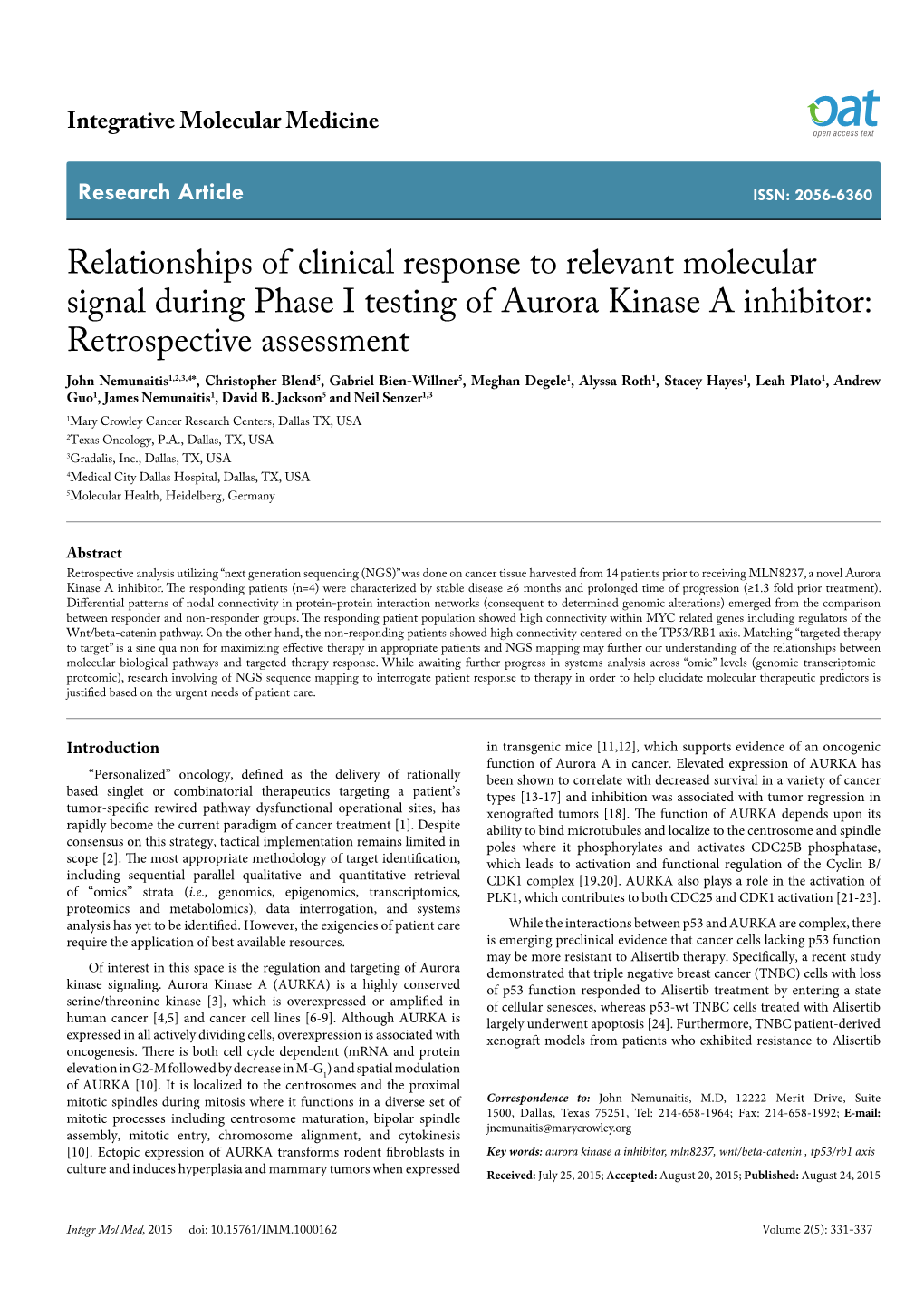 Relationships of Clinical Response to Relevant Molecular Signal