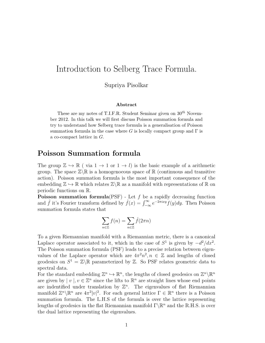 Introduction to Selberg Trace Formula
