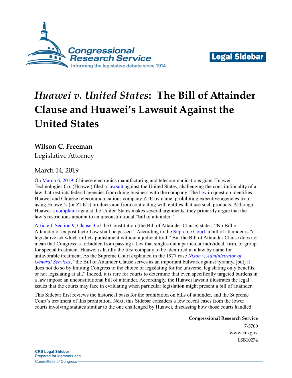 The Bill of Attainder Clause and Huawei's Lawsuit Against The