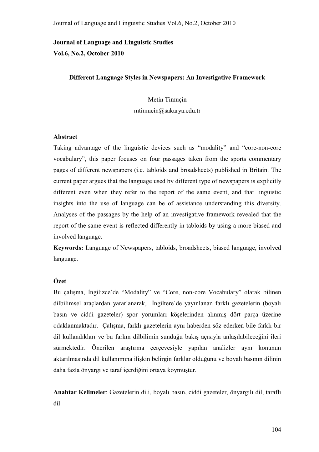 Journal of Language and Linguistic Studies Vol.6, No.2, October 2010