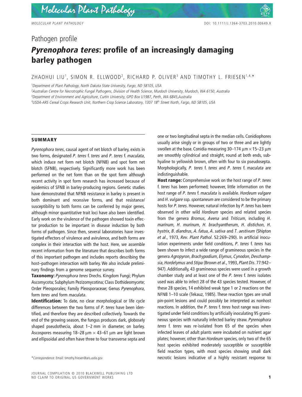 Pyrenophora Teres: Proﬁle of an Increasingly Damaging Barley Pathogen