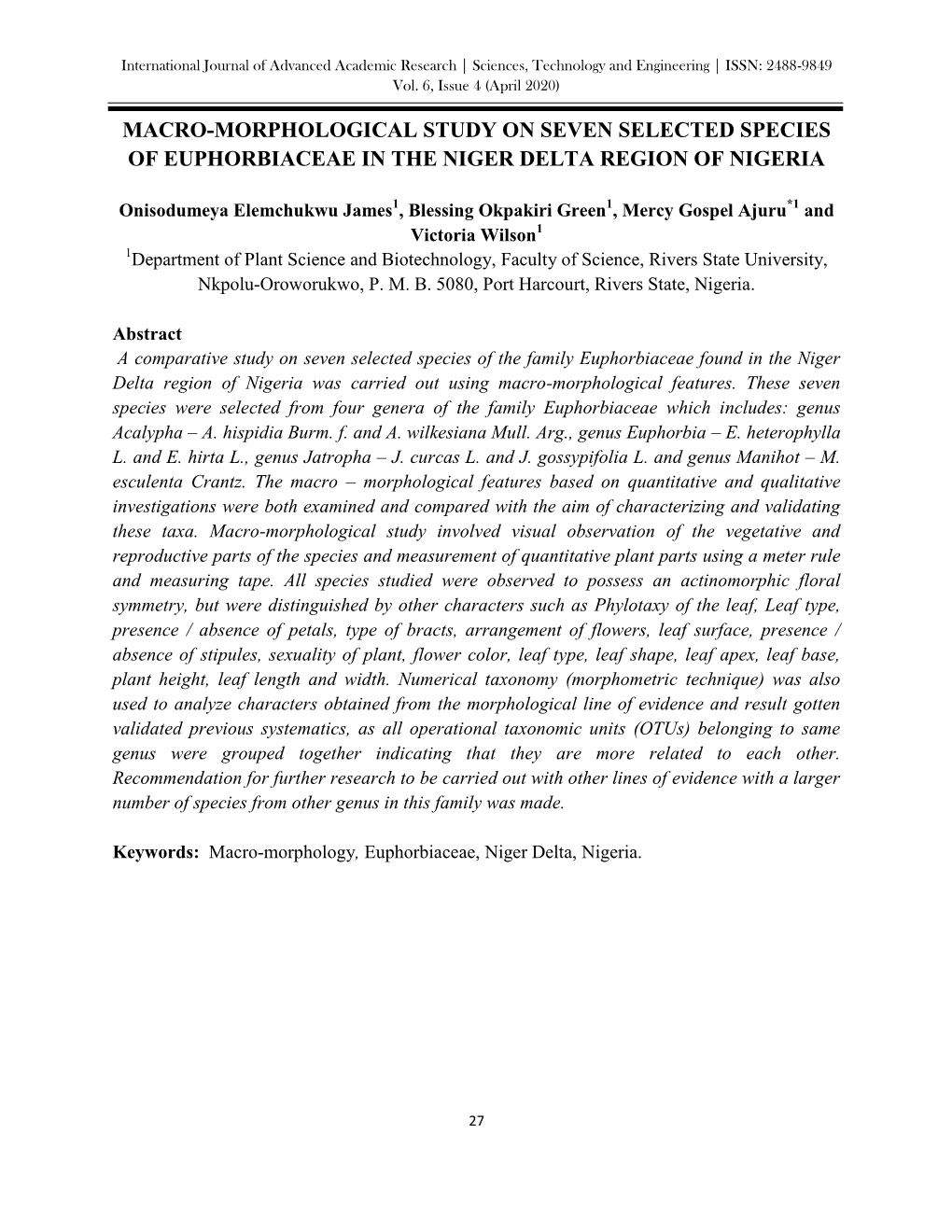 Macro-Morphological Study on Seven Selected Species of Euphorbiaceae in the Niger Delta Region of Nigeria