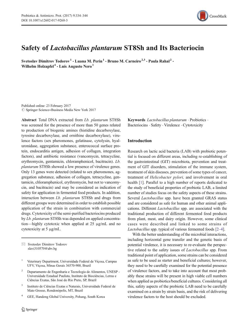 Safety of Lactobacillus Plantarum St8sh and Its Bacteriocin
