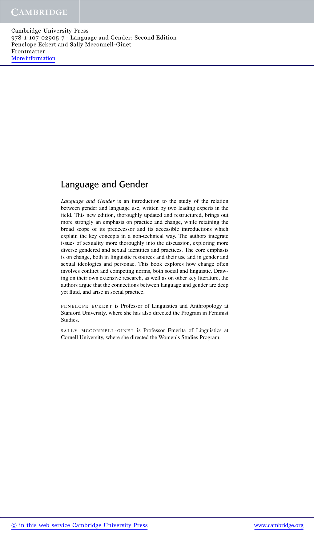 Language and Gender: Second Edition Penelope Eckert and Sally Mcconnell-Ginet Frontmatter More Information