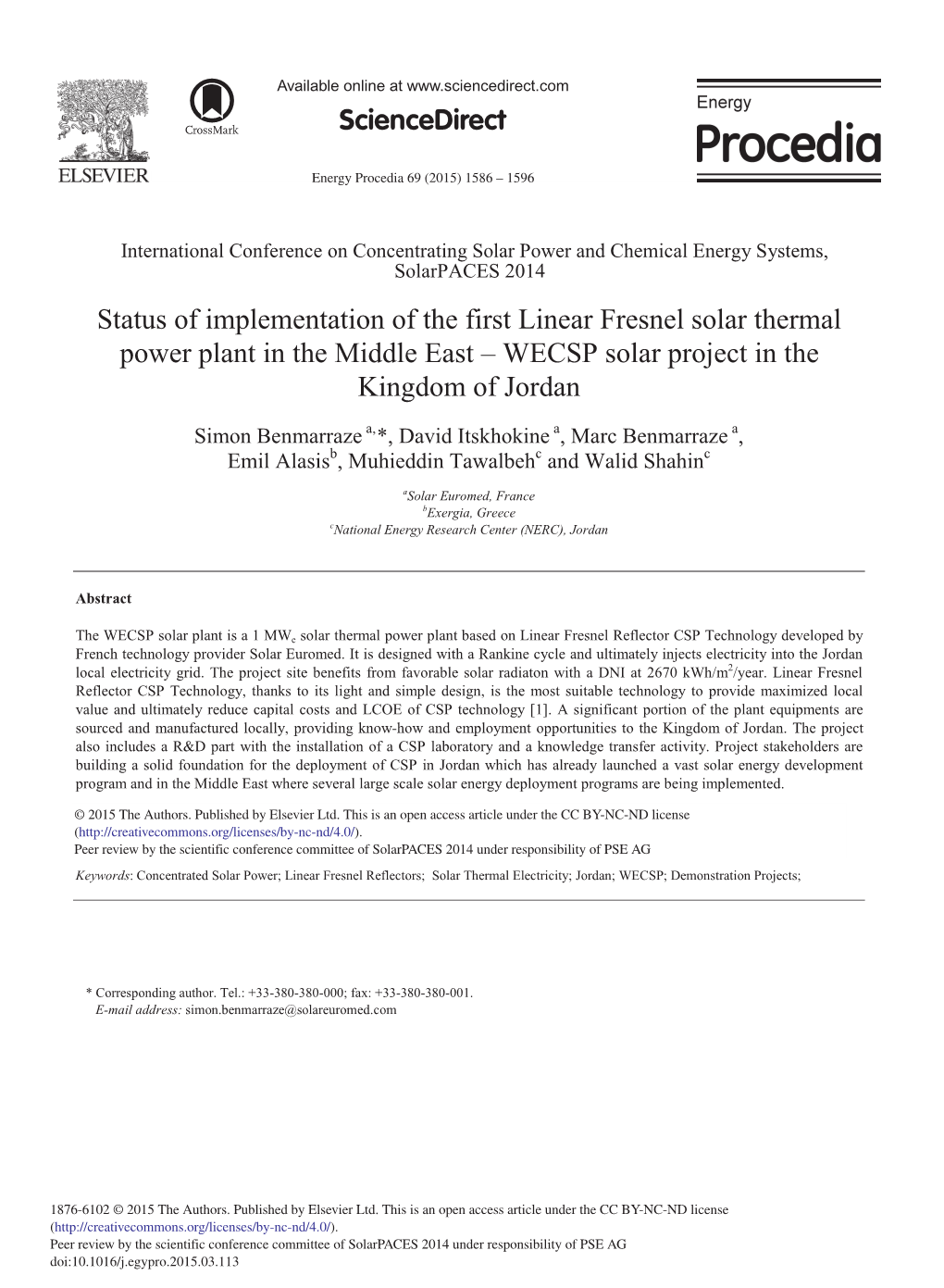 Status of Implementation of the First Linear Fresnel Solar Thermal Power Plant in the Middle East – WECSP Solar Project in the Kingdom of Jordan