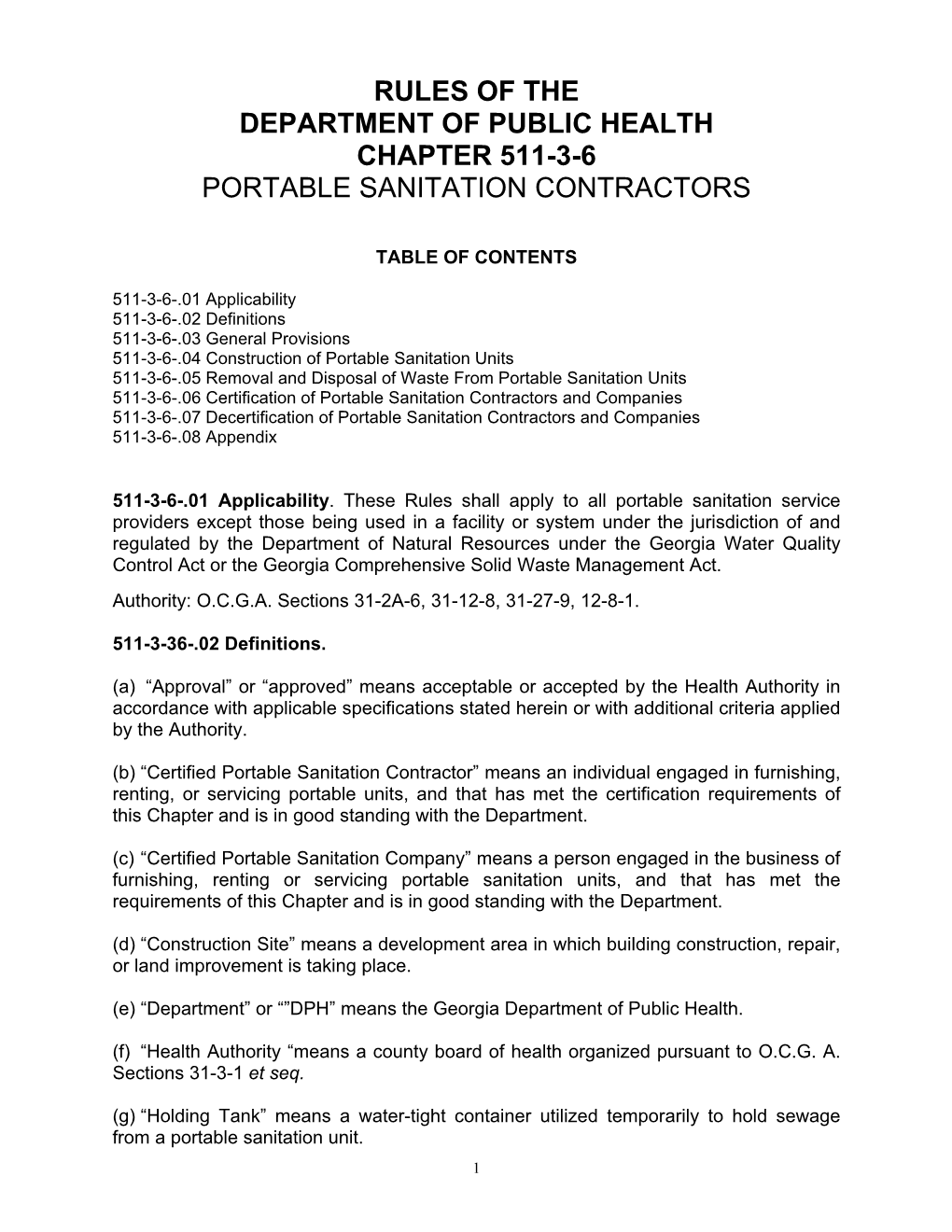 Rules for Portable Sanitation Contractors