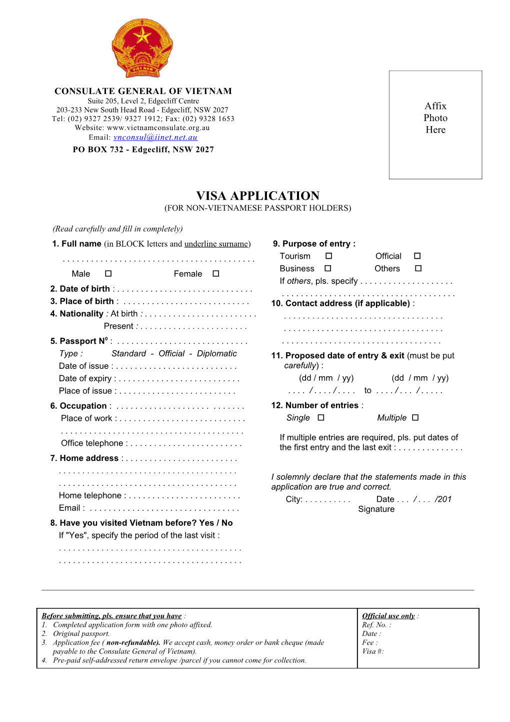 Vietnamese Visa Application Form Consulate of Vietnam in NSW Australia