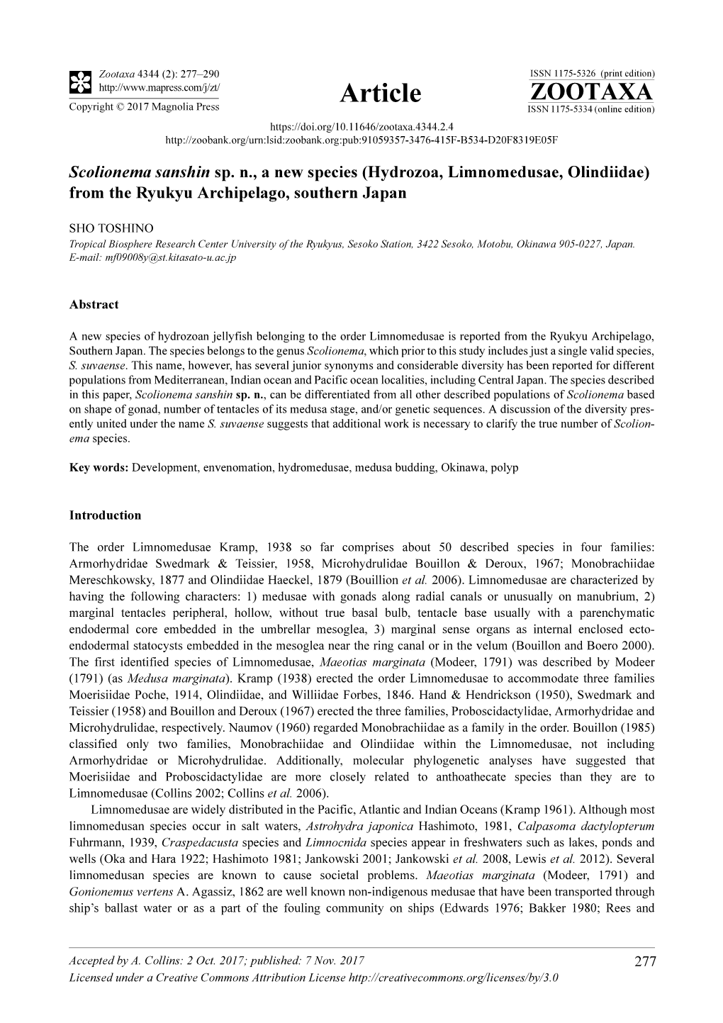 Scolionema Sanshin Sp. N., a New Species (Hydrozoa, Limnomedusae, Olindiidae) from the Ryukyu Archipelago, Southern Japan