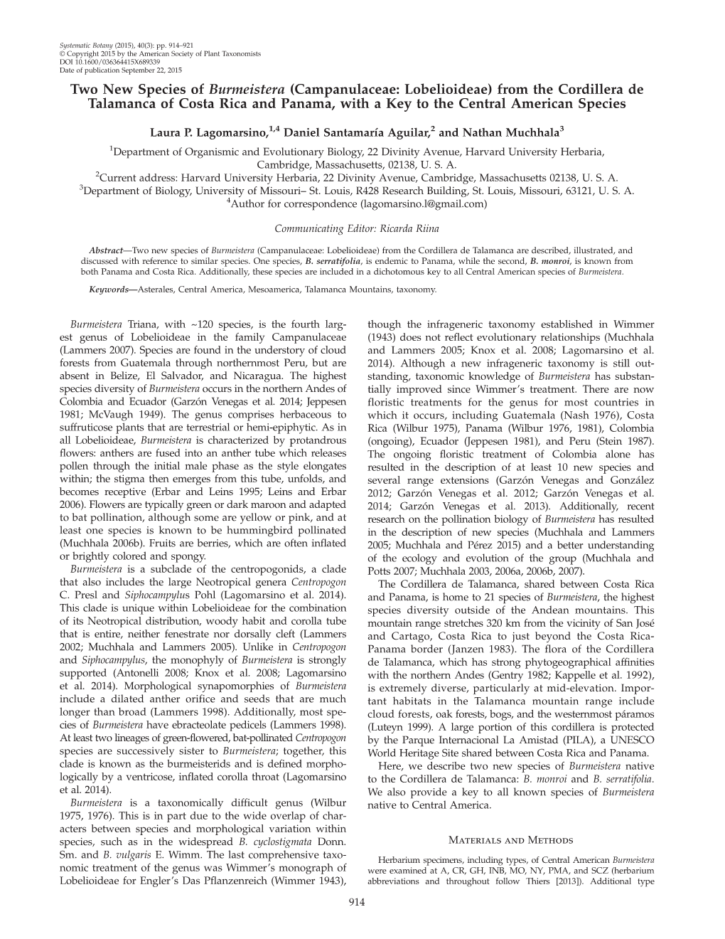 Two New Species of Burmeistera (Campanulaceae: Lobelioideae) from the Cordillera De Talamanca of Costa Rica and Panama, with a Key to the Central American Species